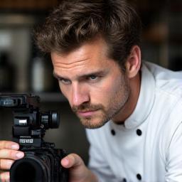 Marc Lefevre, photographe culinaire, en pleine concentration avec son appareil photo.