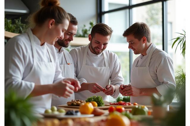L'équipe de Papillon Gourmand travaillant ensemble dans une cuisine moderne et lumineuse.