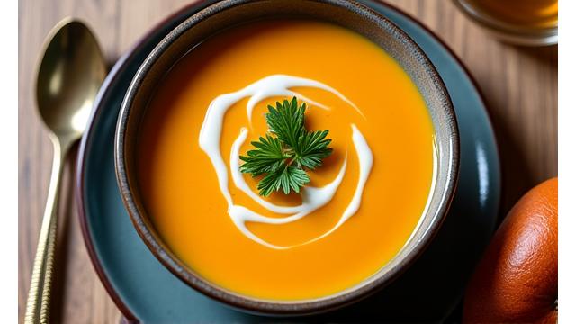 Une soupe crémeuse à la citrouille, garnie d'herbes fraîches