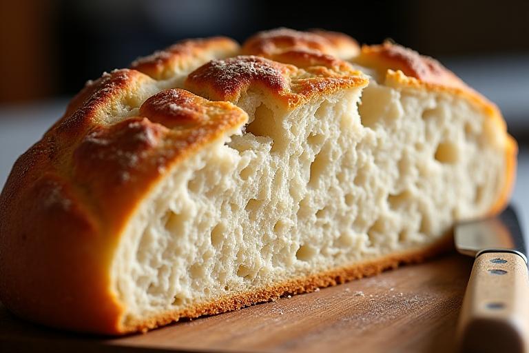 Image de pain au levain fraîchement cuit, avec une croûte croustillante et une mie aérée