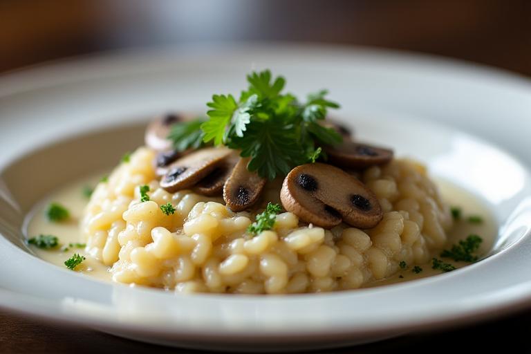 Image d'un risotto crémeux aux champignons, parfaitement dressé