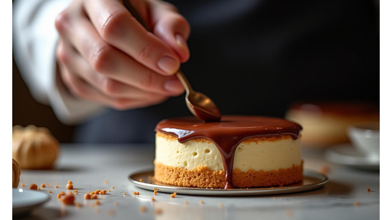 Vue rapprochée élégante d'un chef pâtissier décorant un dessert luxueux, avec des éclaboussures de chocolat