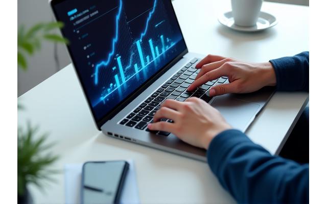 Une main tapant sur un ordinateur portable avec des icônes de monnaie et de croissance.