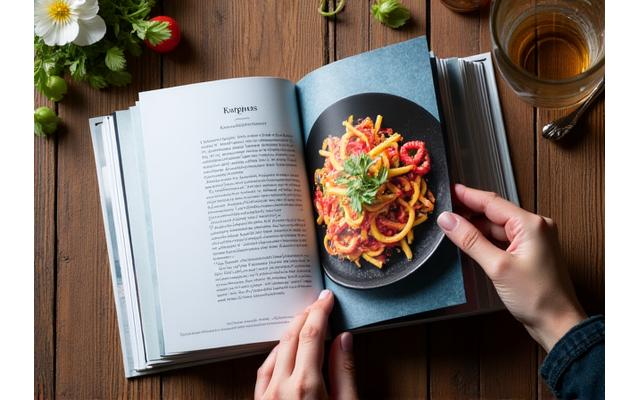 Un livre de cuisine ouvert montrant de belles photos de plats et du texte.