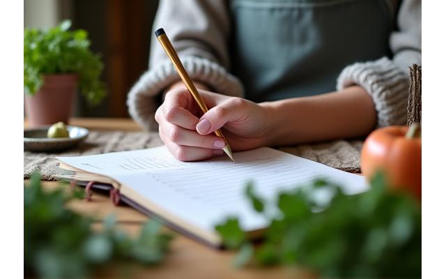 Une personne écrivant sur un blog culinaire, avec des ustensiles de cuisine en arrière-plan.