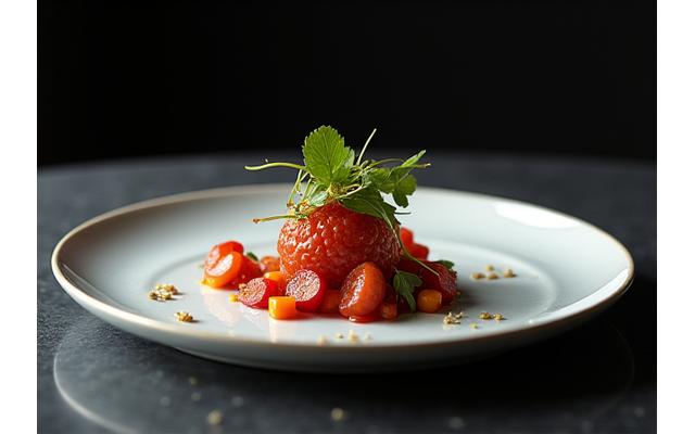 Photographie d'un plat gastronomique élégamment présenté.