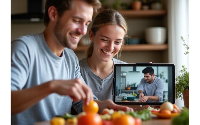 Un couple souriant participant à un cours de cuisine en ligne sur une tablette.