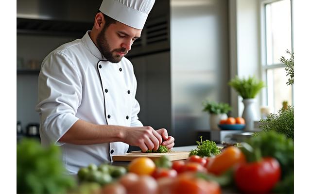 Un chef travaillant sur une recette dans une cuisine moderne.